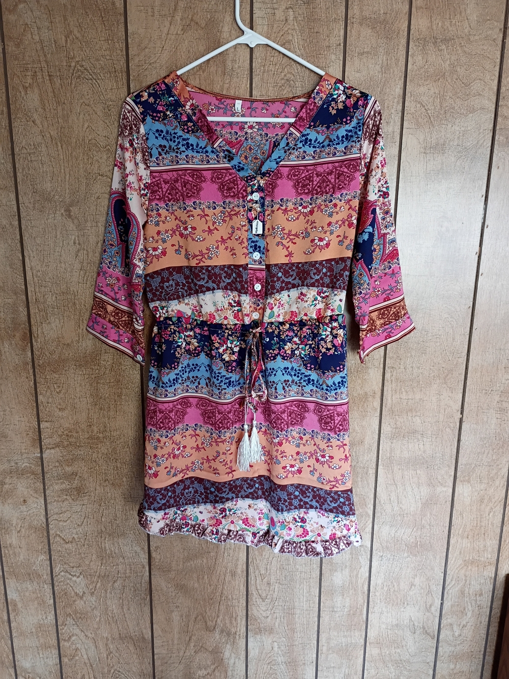 Boho Stripe Floral Tie-Waist Dress in Pink & Blue